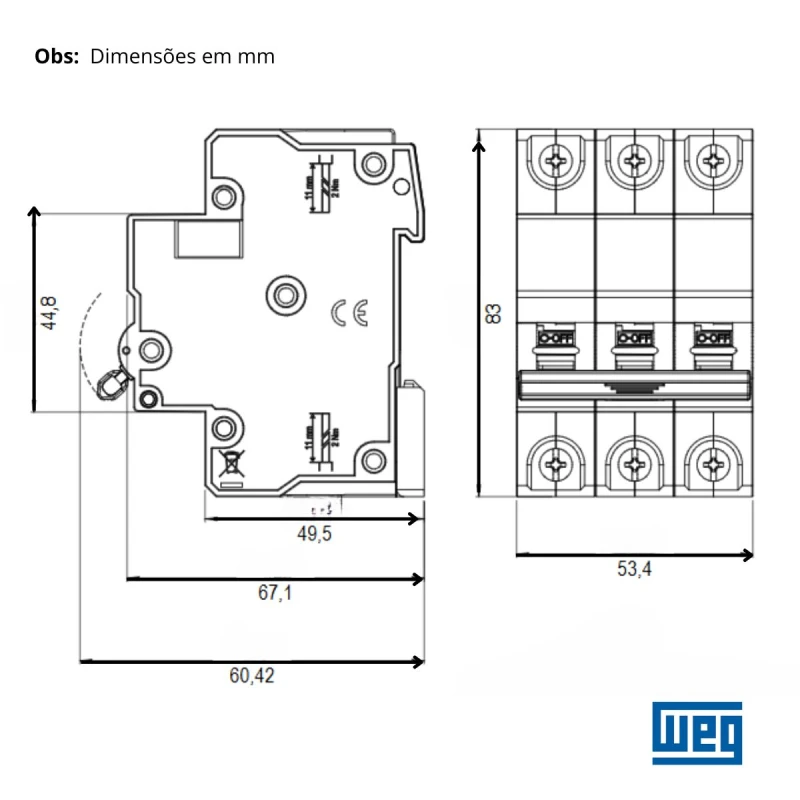 DISJUNTOR DIN TRIPOLAR CURVA C 63A MDWP-C63-3 3KA - WEG