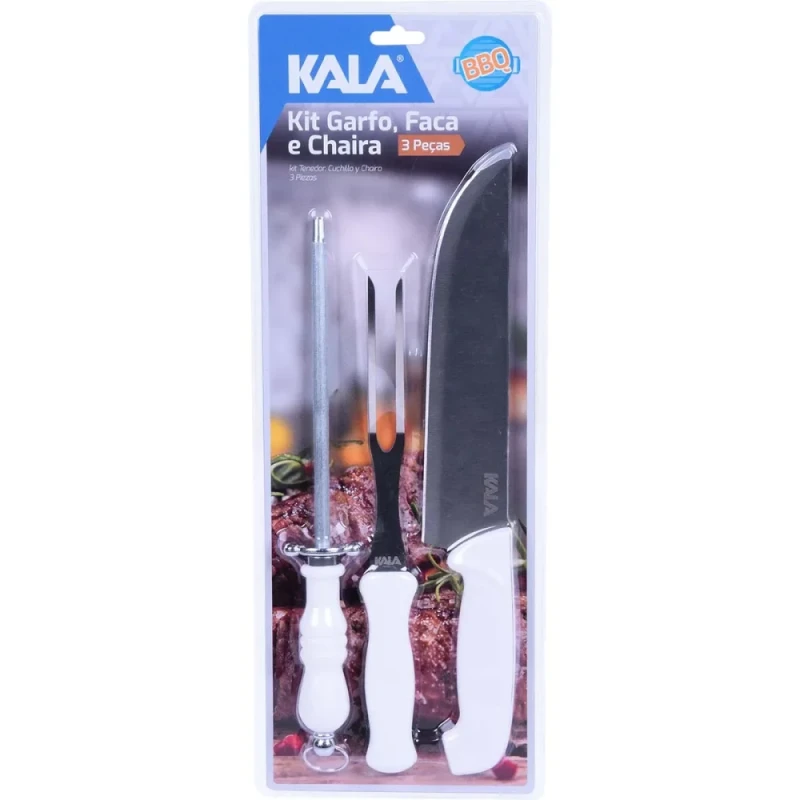 KIT FACA GARFO E CHAIRA EM AÇO INOX COM CABO PP 3 PEÇAS - KALA